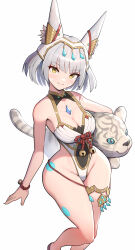 1girl absurdres breasts chest_jewel female_focus gonzarez grey_hair highres large_breasts leotard medium_breasts nia_(blade)_(xenoblade) nia_(xenoblade) solo stuffed_toy thick_thighs thighs wide_hips xenoblade_chronicles_(series) xenoblade_chronicles_2 xenoblade_chronicles_3 yellow_eyes