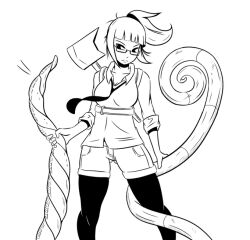 Rule 34 | axe, belt, button shirt, fire axe, frown, high ponytail, hime cut, holding tentacle, loose necktie, mechanical tentacles, mminit, monochrome, necktie, simple background, thigh shorts, thighhighs, weapon, weapon on back, white background