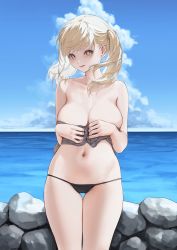 Rule 34 | 1girl, absurdres, bare shoulders, black panties, black tank top, blonde hair, blue sky, blush, breasts, cleavage, cloud, cloudy sky, collarbone, covering privates, covering breasts, cowboy shot, day, egk513, floating hair, groin, highres, horizon, huge filesize, large breasts, looking at viewer, medium breasts, navel, ocean, open mouth, original, outdoors, panties, rock, skindentation, sky, smile, solo, standing, stomach, string panties, summer, swept bangs, tank top, thigh gap, two side up, underwear, water, wind, yellow eyes