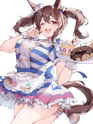 Rule 34 | 1girl, ;d, absurdres, animal ears, apron, back bow, blue shirt, bow, breasts, brown hair, buttons, cake, cake slice, colored skin, commentary, double-breasted, doughnut, food, frilled apron, frilled skirt, frills, hat, highres, hishi akebono (umamusume), holding, holding tray, horse ears, horse girl, horse tail, impossible clothes, impossible shirt, knee up, large bow, large breasts, long hair, looking at viewer, mihono bourbon (umamusume), mini hat, misoni (mi so ni t), multicolored skin, one eye closed, open mouth, puffy short sleeves, puffy sleeves, red eyes, running, shirt, short sleeves, simple background, skirt, smile, solo, striped clothes, striped shirt, striped skirt, tail, tilted headwear, tray, twintails, two-tone shirt, two-tone skin, umamusume, waist apron, waitress, white apron, white background, white footwear, white shirt, wrist cuffs