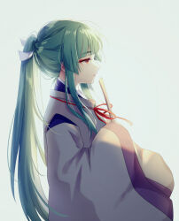 Rule 34 | 1girl, akinomiya asuka, blunt bangs, closed mouth, commentary request, detached sleeves, from side, green hair, hair ribbon, japanese clothes, kariginu, kimono, long hair, mystical power plant, neck ribbon, no headwear, orange eyes, original, ponytail, purple kimono, red ribbon, ribbon, simple background, sleeves past fingers, sleeves past wrists, solo, suitokuin tenmu, touhou, upper body, white background, white ribbon