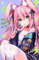 Rule 34 | 1girl, animal ear fluff, animal ears, black jacket, camisole, candy, choker, commentary request, food, green eyes, hair ribbon, highres, holding, jacket, knees up, lollipop, long hair, long sleeves, looking at viewer, open clothes, open jacket, original, pink hair, rabbit ears, ribbon, shirt, solo, spaghetti strap, thighhighs, thighs, tongue, tongue out, twintails, usagihime, very long hair, white shirt, white thighhighs
