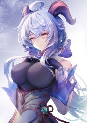Rule 34 | 1girl, ahoge, black gloves, black leotard, blue bow, blue hair, blush, bow, breast suppress, breasts, closed mouth, commentary, detached sleeves, flower knot, framed breasts, ganyu (genshin impact), genshin impact, gloves, goat horns, gold trim, hair between eyes, hair bow, hands on own chest, highres, horns, large breasts, leotard, light blue hair, long hair, looking at viewer, multicolored eyes, pelvic curtain, purple eyes, resolution mismatch, saya kuroha, sidelocks, skin tight, smile, solo, source larger, upper body, vision (genshin impact), yellow eyes