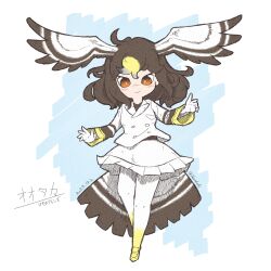Rule 34 | 1girl, bird girl, bird tail, bird wings, black hair, brown eyes, feathered wings, gloves, head wings, highres, jacket, kemono friends, looking at viewer, northern goshawk (kemono friends), pantyhose, shirabaki, shoes, short hair, simple background, skirt, solo, tail, wings