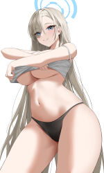 Rule 34 | 1girl, absurdres, asuna (blue archive), black panties, blue archive, blue eyes, blue halo, breasts, camisole, closed mouth, cowboy shot, dlnk, hair over one eye, halo, highres, large breasts, light brown hair, long hair, looking at viewer, navel, panties, simple background, smile, solo, underboob, underwear, undressing, white background, white camisole