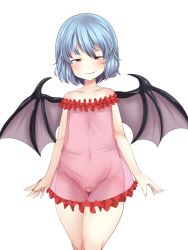 Rule 34 | 1girl, blue hair, censored, demon wings, doku corne, female focus, flat chest, heart, heart censor, highres, nipples, parted lips, pussy, red eyes, remilia scarlet, see-through, short hair, simple background, smile, solo, touhou, white background, wide hips, wings