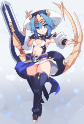 1girl armor armpits black_footwear black_thighhighs blue_eyes blue_hair blush boots breasts closed_mouth commentary_request fingernails gradient_background grey_background hair_between_eyes hat head_tilt hellmatio highres holding holding_sword holding_weapon karukan_(monjya) long_sleeves looking_at_viewer navel pauldrons pointy_ears puffy_long_sleeves puffy_sleeves shinrabanshou shoulder_armor sidelocks skirt small_breasts solo sword thigh_boots thighhighs v-shaped_eyebrows weapon white_hat white_skirt