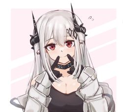 Rule 34 | 1girl, arknights, bare shoulders, black choker, black gloves, blush, border, breasts, choker, cleavage, closed mouth, ear piercing, fingers to mouth, flying sweatdrops, gloves, hair ornament, highres, horns, infection monitor (arknights), large breasts, lolifreak, long hair, long sleeves, looking at viewer, mudrock (arknights), off shoulder, open clothes, outside border, piercing, pointy ears, red eyes, silver hair, smile, solo, two-tone background, white border
