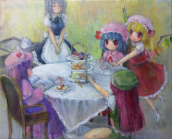 Rule 34 | 5girls, cake, cake slice, chair, checkerboard cookie, cookie, cooking, cup, dessert, embodiment of scarlet devil, female focus, flandre scarlet, food, fork, fruit, hat, highres, hong meiling, izayoi sakuya, knife, mob cap, multiple girls, oil painting (medium), painting (medium), patchouli knowledge, plate, reiuji utsuho, remilia scarlet, sandwich, sawada moco, sitting, standing, strawberry, strawberry shortcake, table, tablecloth, teacup, tiered tray, touhou, traditional media, tray