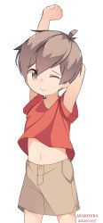 Rule 34 | 1boy, arakokra, arm up, brown shorts, child, commentary, english commentary, highres, looking at viewer, male focus, midriff peek, navel, one eye closed, original, red shirt, shirt, shorts, simple background, solo, solo focus, white background