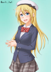 Rule 34 | 1girl, alternate costume, anti (untea9), aqua background, black jacket, blazer, blonde hair, blue eyes, bow, bowtie, commentary request, fingers together, gradient background, grey skirt, hat, highres, jacket, jervis (kancolle), kantai collection, long hair, looking at viewer, plaid, plaid skirt, pleated skirt, red neckwear, sailor hat, school uniform, skirt, solo, striped bow, striped bowtie, striped clothes, striped neckwear, twitter username, white hat