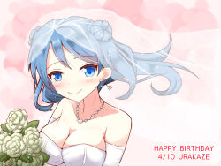 Rule 34 | 1girl, bad anatomy, birthday, blue eyes, blue hair, blush, breasts, bridal veil, bride, character name, cleavage, detached sleeves, double bun, dress, english text, flower, hair bun, hair raising, happy birthday, highres, holding, holding flower, jewelry, kantai collection, large breasts, long hair, looking at viewer, medium breasts, necklace, sawatani (chevalier 04056), smile, solo, urakaze (kancolle), veil, wedding dress