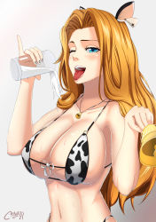 Rule 34 | 1girl, absurdres, animal ears, animal print, bell, bikini, bleach, blue eyes, breasts, castell, cleavage, cow ears, cow print, cup, drink, fake animal ears, highres, large breasts, long hair, matsumoto rangiku, navel, one eye closed, orange hair, signature, simple background, solo, swimsuit, tongue, tongue out