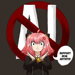 Rule 34 | !, 1girl, ahoge, ai-generated art (topic), anger vein, angry, annoyed, anya (spy x family), black dress, black eyes, blush stickers, child, closed mouth, collared shirt, commentary, crossed arms, crossed wrists, dress, eden academy school uniform, english commentary, english text, frown, gold trim, grey background, hairpods, highres, hylianghoul, long sleeves, looking at viewer, medium hair, no symbol, pink hair, school uniform, shirt, simple background, solo, speech bubble, spy x family, straight-on, upper body, white shirt, wide-eyed