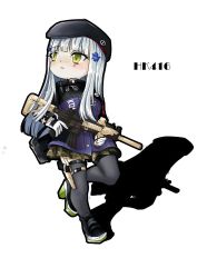 Rule 34 | 1girl, assault rifle, bag behind back, beret, black footwear, black hat, black thighhighs, blue hair, blush, breasts, character name, chibi, closed mouth, crossed bangs, girls&#039; frontline, gloves, green eyes, gun, h&amp;k hk416, hat, highres, hk416 (girls&#039; frontline), holding, holding weapon, holstered, light blue hair, long hair, looking up, marscoco, rifle, shoes, solo, standing, tactical clothes, teardrop, teardrop facial mark, teardrop tattoo, thighhighs, uniform, weapon, white background, white gloves