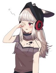 Rule 34 | 1girl, animal ears, arknights, beanie, black hat, blush, breasts, cleavage, cowboy shot, diamond-shaped pupils, diamond (shape), ears through headwear, fox ears, frostleaf (arknights), grey hair, grey shirt, hand up, hat, headphones, highres, implied extra ears, long hair, material growth, nail polish, nolo (rokisonin r), o-ring, o-ring top, off-shoulder shirt, off shoulder, open mouth, oripathy lesion (arknights), red eyes, red nails, rubbing eyes, shirt, simple background, sleepwear, small breasts, solo, symbol-shaped pupils, white background