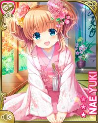Rule 34 | 1girl, blue eyes, brown hair, character name, day, floral print, flower, girlfriend (kari), hair flower, hair ornament, hands in sleeves, indoors, japanese clothes, kimono, kneeling, long hair, official art, open mouth, pink kimono, print kimono, qp:flapper, ribbon, sash, smile, solo, twintails, yuuki nae