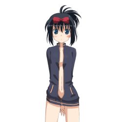 Rule 34 | 1girl, alternate costume, black hair, blue eyes, blush, female focus, kunihiro hajime, navel, no bra, ribbon, saki (manga), simple background, smile, solo, white background