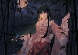 Rule 34 | &gt;:), 1girl, bamboo, bamboo forest, bamboo print, black hair, blunt bangs, bow, bowtie, breasts, broom, brown eyes, chinese commentary, commentary request, cowboy shot, crescent, crescent earrings, earrings, floral print, forest, frilled shirt collar, frilled sleeves, frills, full moon, hand up, highres, holding, houraisan chouko, houraisan kaguya, jewelry, long hair, long sleeves, looking at viewer, medium breasts, moon, nature, night, night sky, open mouth, outdoors, pink shirt, red skirt, sash, shirt, sidelocks, skirt, sky, smile, solo, standing, star (sky), starry sky, touhou, v-shaped eyebrows, very long hair, white bow, white bowtie, white sash, wide sleeves, wing collar