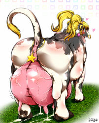 Rule 34 | artist request, ass, blonde hair, breasts, cow, furry, horns, lactation, long hair, nipples, ponytail, red eyes, udder
