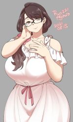 Rule 34 | 1girl, agawa ryou, artist name, bare shoulders, breasts, brown eyes, brown hair, collarbone, commentary, cowboy shot, dated, dress, english commentary, frilled dress, frills, glasses, grey background, hair between eyes, hand on own chest, hand on own face, hands up, huge breasts, kirihara jyazue, long hair, mature female, numbered, original, pink lips, red ribbon, ribbon, simple background, smile, solo, swept bangs, w arms, white dress, wide hips