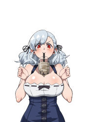 Rule 34 | 1girl, absurdres, bare arms, bare shoulders, between breasts, blue dress, blue hair, blush, breasts, bubble tea, bubble tea challenge, cleavage, cup, disposable cup, doyagao, dress, drink, drinking, drinking straw, girls&#039; frontline, hair ribbon, hands up, highres, huge breasts, light blue hair, looking at viewer, medium hair, object on breast, red eyes, ribbon, shiny skin, signature, simple background, sleeveless, sleeveless dress, smug, solo, spas-12 (girls&#039; frontline), standing, twitter username, ubo (dbsgurdbsk), upper body, v-shaped eyebrows, white background