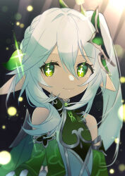 Rule 34 | 1girl, asymmetrical hair, braid, bright pupils, closed mouth, commentary, dress, droopy ears, genshin impact, green dress, green eyes, hair ornament, highres, looking at viewer, nahida (genshin impact), oyasumi (oyasumign8), pointy ears, side ponytail, sleeveless, sleeveless dress, smile, solo, upper body, white hair, white pupils