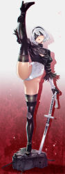 Rule 34 | back cutout, black blindfold, black dress, black hairband, blindfold, boots, breasts, clothing cutout, dress, gloves, hairband, highres, katana, medium breasts, nier (series), nier:automata, silver hair, solo, split, spread legs, standing, standing on one leg, standing split, sword, thighhighs, thighhighs under boots, virtuous contract, weapon, 2b (nier:automata)