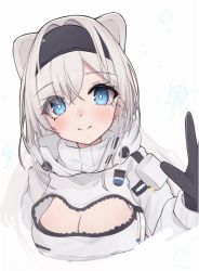 Rule 34 | 1girl, animal ears, arknights, aurora (arknights), bear ears, bear girl, black gloves, black hairband, blue eyes, breasts, cleavage, cleavage cutout, clothing cutout, extra ears, gloves, grey hair, hairband, hand up, highres, jacket, large breasts, long hair, looking at viewer, matchadzuke, simple background, smile, solo, white background, white jacket