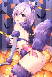 Rule 34 | 1girl, :d, animal ears, ass, back bow, bat (animal), blush, bow, breasts, elbow gloves, fate/grand order, fate (series), fur trim, gloves, halloween, jack-o&#039;-lantern, large breasts, light purple hair, looking at viewer, mash kyrielight, mash kyrielight (dangerous beast), masuishi kinoto, official alternate costume, open mouth, paper chain, pennant, pink bow, pumpkin, purple background, purple eyes, purple gloves, purple thighhighs, revealing clothes, short hair, sideboob, smile, solo, striped, striped background, tail, thighhighs, vertical stripes, wolf ears, wolf tail