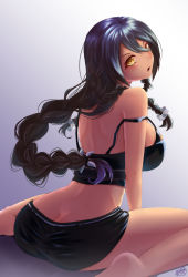 Rule 34 | 1girl, ass, azur lane, bare shoulders, barefoot, black hair, blush, braid, breasts, brown eyes, butt crack, commentary request, crop top, dark-skinned female, dark skin, hair between eyes, large breasts, long hair, looking at viewer, native american, purple background, simple background, solo, south dakota (azur lane), yellow eyes, yorugami rei