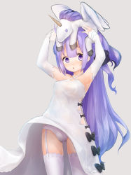 Rule 34 | 1girl, :o, azur lane, bare shoulders, black bow, bow, breasts, chestnut mouth, clothes lift, detached sleeves, dress, dress bow, dress lift, female focus, garter straps, grey background, hachachi, hair between eyes, hair bun, hair ribbon, halterneck, highres, long hair, looking to the side, one side up, panties, pantyshot, pink panties, purple eyes, purple hair, ribbon, simple background, single hair bun, single side bun, small breasts, solo, standing, stuffed animal, stuffed toy, stuffed unicorn, stuffed winged unicorn, thighhighs, underwear, unicorn (azur lane), very long hair, white dress, white sleeves, white thighhighs, wind, wind lift