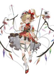 Rule 34 | 1girl, :o, absurdres, adapted costume, ankle cuffs, ankle strap, artist name, black dress, blonde hair, blood, bow, bowtie, commentary request, crystal, dress, flandre scarlet, frills, full body, hand up, hat, hat bow, highres, holding, intravenous drip, kele mimi, long hair, looking at viewer, multicolored clothes, multicolored dress, open mouth, petticoat, plant, puffy short sleeves, puffy sleeves, red bow, red bowtie, red dress, red eyes, shirt, short sleeves, socks, solo, striped, striped bow, thorns, touhou, vines, white background, white hat, white shirt, white socks, wings, wrist cuffs, yellow bow