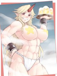 Rule 34 | 1girl, abs, alcohol, armpits, beer, blonde hair, breasts, bright pupils, covered erect nipples, female focus, from below, fundoshi, horns, hoshiguma yuugi, japanese clothes, large breasts, long hair, muscular, muscular female, navel, neko majin, oni, pasties, pointy ears, red eyes, red horns, single horn, smile, solo, star pasties, topless, touhou, tray