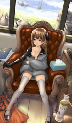 Rule 34 | 1girl, :o, aircraft, airplane, amputee, apple inc., armchair, blue eyes, bottle, brown hair, chair, child, cloud, computer, grey thighhighs, hair ornament, highres, kirin (company), laptop, long hair, mechanical arms, open clothes, open shirt, original, prosthesis, realmbw, screw, shirt, single mechanical arm, sitting, sky, solo, thighhighs, tissue, tissue box, window