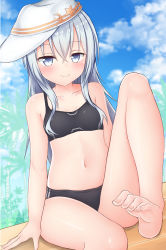 Rule 34 | 1girl, alternate costume, barefoot, bikini, black bikini, blue sky, cloud, commentary request, day, flat cap, grey eyes, hammer and sickle, hat, hibiki (kancolle), highres, kantai collection, long hair, looking at viewer, outdoors, silver hair, sitting, sky, smile, solo, swimsuit, tikken, verniy (kancolle), white hat