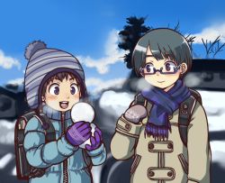 Rule 34 | 2boys, bag, black hair, blue eyes, blue sky, blush, child, cloud, coat, glasses, gloves, green hair, hat, male focus, mittens, multiple boys, oginy, open mouth, outdoors, scarf, school bag, short hair, sky, smile, snow, snowball, standing, tree, winter