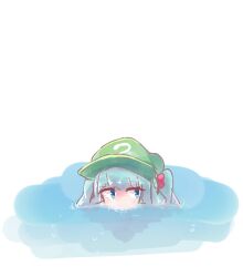 Rule 34 | 1girl, commentary request, flat cap, green hat, hair bobbles, hair ornament, hat, highres, kalmia495, kawashiro nitori, looking to the side, partially submerged, solo, touhou, two side up, water, white background