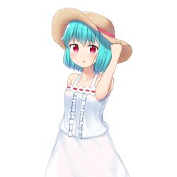 Rule 34 | 1girl, arm behind back, bare arms, bare shoulders, blue hair, blush, breasts, character request, collarbone, commentary request, dot nose, dress, finger on hat, hat, highres, kanekan, light blue hair, looking at viewer, monster strike, red eyes, short hair, simple background, small breasts, solo, standing, straw hat, white background, white dress