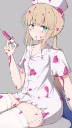 1boy absurdres alternate_costume azuki_(ne_4zk) blonde_hair blue_eyes captain_nemo_(fate) dress fate/grand_order fate_(series) garter_straps grey_background hat highres holding holding_syringe long_hair looking_at_viewer nemo_(fate) nurse nurse_cap solo syringe thighhighs trap very_long_hair white_dress white_garter_straps white_hat white_thighhighs