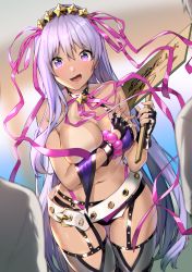 Rule 34 | 1girl, bare shoulders, bb (fate), bb (fate) (all), bb (swimsuit mooncancer) (fate), bb (swimsuit mooncancer) (second ascension) (fate), belt, bikini, blush, breasts, choker, fate/grand order, fate (series), highres, itohana, large breasts, long hair, looking at viewer, micro shorts, purple eyes, purple hair, ribbon, shorts, swimsuit, tan, tanline, thighhighs, very long hair, wardrobe malfunction