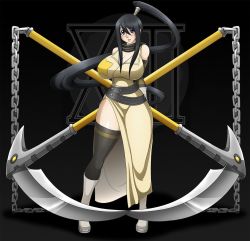 Rule 34 | 1girl, bare shoulders, belt, black hair, blue eyes, boots, breasts, choker, cleavage cutout, clothing cutout, female focus, gloves, highres, large breasts, long hair, looking at viewer, nakatsukasa tsubaki, scythe, solo, soul eater, thick thighs, thighhighs, thighs, uniform, very long hair, weapon