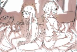 Rule 34 | 10s, 2girls, aftersex, back-to-back, bad id, bad pixiv id, blush, diana cavendish, henpei saboten, kagari atsuko, little witch academia, messy hair, messy room, monochrome, multiple girls, on bed, open clothes, open shirt, shirt, shoes, unworn shoes, yuri
