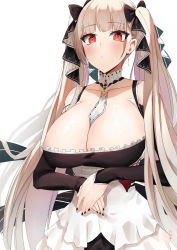 Rule 34 | 1girl, absurdres, azur lane, between breasts, black dress, black nails, breasts, cleavage, dress, flight deck, formidable (azur lane), frilled dress, frills, gothic lolita, highres, huge breasts, lolita fashion, long hair, nail polish, neckwear between breasts, platinum blonde hair, red eyes, ribbon, rororo, simple background, solo, twintails, two-tone dress, two-tone ribbon, very long hair, white background