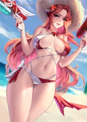Rule 34 | 1girl, beach, bikini, breasts, breasts apart, brown hat, cian yo, commentary, cowboy shot, day, dual wielding, english commentary, eyes visible through hair, gluteal fold, green eyes, halterneck, hands up, hat, holding, holding water gun, large breasts, league of legends, long hair, looking at viewer, miss fortune (league of legends), mixed-language commentary, nail polish, outdoors, parted lips, red bikini, red eyes, red nails, smile, solo, standing, star guardian (league of legends), star guardian miss fortune, straw hat, sun hat, swimsuit, thigh gap, two-tone bikini, very long hair, water gun, white bikini