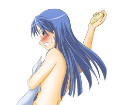 Rule 34 | 00s, 1girl, back, blue hair, blush, brown eyes, clenched teeth, covering privates, embarrassed, female focus, from side, furrowed brow, holding, idolmaster, idolmaster (classic), idolmaster 1, kisaragi chihaya, long hair, looking at viewer, looking to the side, neokir, nude cover, open mouth, pov, profile, simple background, soap, solo, teeth, towel, white background