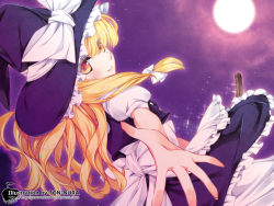 Rule 34 | 1girl, beckoning, blonde hair, bow, female focus, full moon, hat, hat bow, kirisame marisa, long hair, looking at viewer, looking back, moon, outstretched arm, outstretched hand, smile, solo, sparkle, ton nuramaro, touhou, witch hat, yellow eyes
