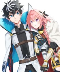 Rule 34 | 2boys, :3, astolfo (fate), belt, black bow, black gloves, black hair, black thighhighs, blue eyes, bow, braid, brown belt, cape, charlemagne (fate), closed mouth, fate/extella, fate/extella link, fate/extra, fate (series), fur-trimmed cape, fur trim, garter straps, gauntlets, gloves, hair between eyes, hair bow, hair intakes, highres, holding another&#039;s arm, holding hands, light blush, long hair, looking at another, male focus, multicolored hair, multiple boys, pink hair, purple eyes, short hair, simple background, single braid, smile, streaked hair, striped sleeves, tanaka (pixiv 51053205), thighhighs, trap, two-sided cape, two-sided fabric, white background, white cape, white fur, white hair
