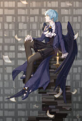 Rule 34 | 1girl, angela (project moon), ascot, black pantyhose, black skirt, black vest, black wings, blue hair, book, book stack, bookshelf, brooch, candle, coat, collared shirt, commentary, english commentary, feathered wings, frilled skirt, frilled sleeves, frills, from side, full body, gloves, hair between eyes, highres, jewelry, knee up, library of ruina, light blue hair, looking up, open clothes, open coat, pantyhose, paper, profile, project moon, purple coat, purple footwear, shirt, shoes, short hair, sitting, sitting on books, skirt, solo, thedaw0, vest, white ascot, white gloves, white shirt, wings, yellow eyes