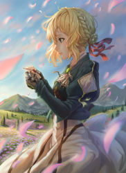 Rule 34 | 10s, 1girl, blonde hair, blue jacket, braid, brooch, commentary request, day, envelope, falling petals, flower, from side, garden, grass, hair between eyes, hair intakes, hair ribbon, highres, hill, holding, holding letter, hooh lin, jacket, jewelry, letter, love letter, mechanical arms, mechanical hands, mountainous horizon, outdoors, petals, prosthesis, prosthetic arm, prosthetic hand, red ribbon, ribbon, scenery, single mechanical hand, skirt, sky, solo, tree, violet (flower), violet evergarden, violet evergarden (series), white neckwear, white skirt